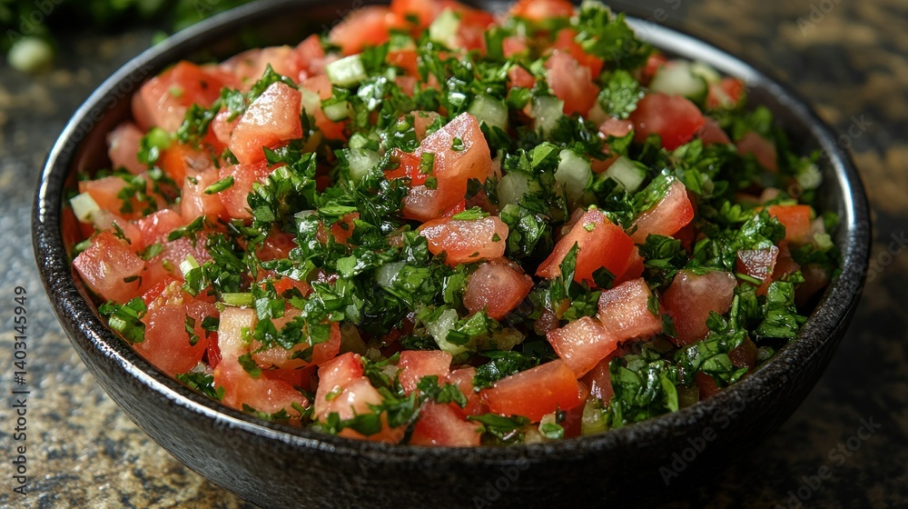 Fresh, vibrant salad, bursting with chopped tomatoes, cucumbers, and parsley Fresh, vibrant salad, bursting with chopped tomatoes, cucumbers, and parsley