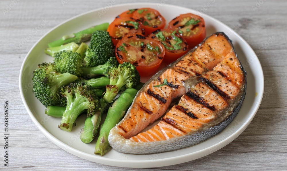 Grilled salmon steak with broccoli and tomatoes on a white plate. Grilled salmon steak with broccoli and tomatoes on a white plate.