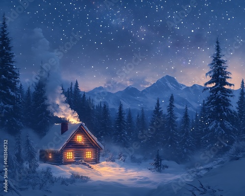 Snowy Cabin Night Sky View