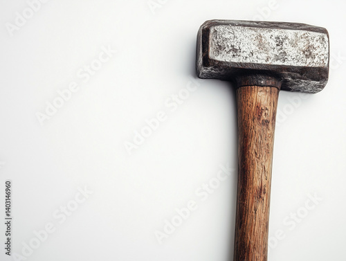 Old hammer with nail on wooden surface