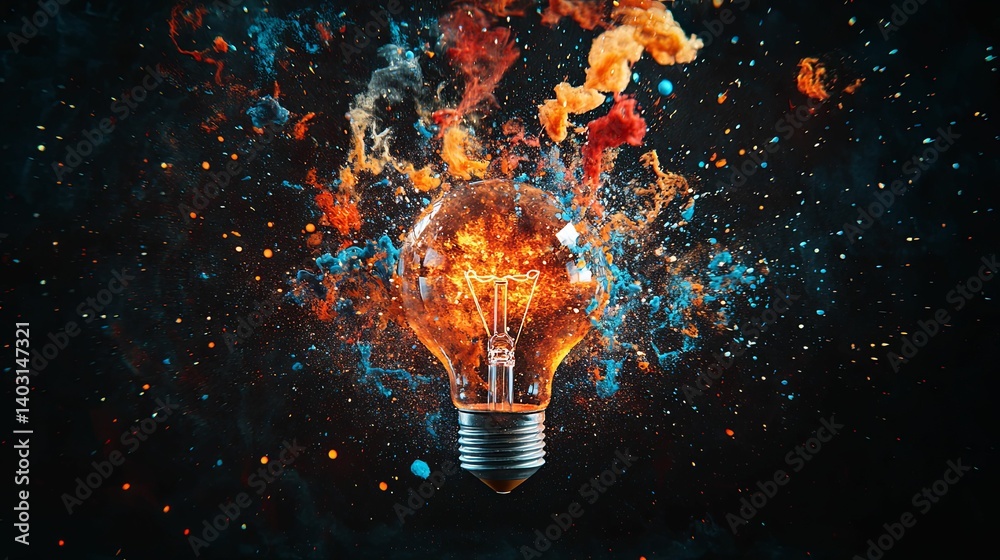 A vibrant lightbulb explodes with bursts of colorful pigments, showcasing creativity and innovation. A vibrant lightbulb explodes with bursts of colorful pigments, showcasing creativity and innovation.