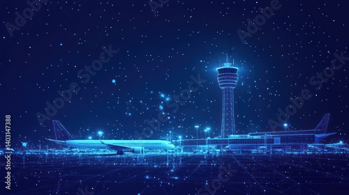 Airplane landing, airport night, control tower, digital, travel