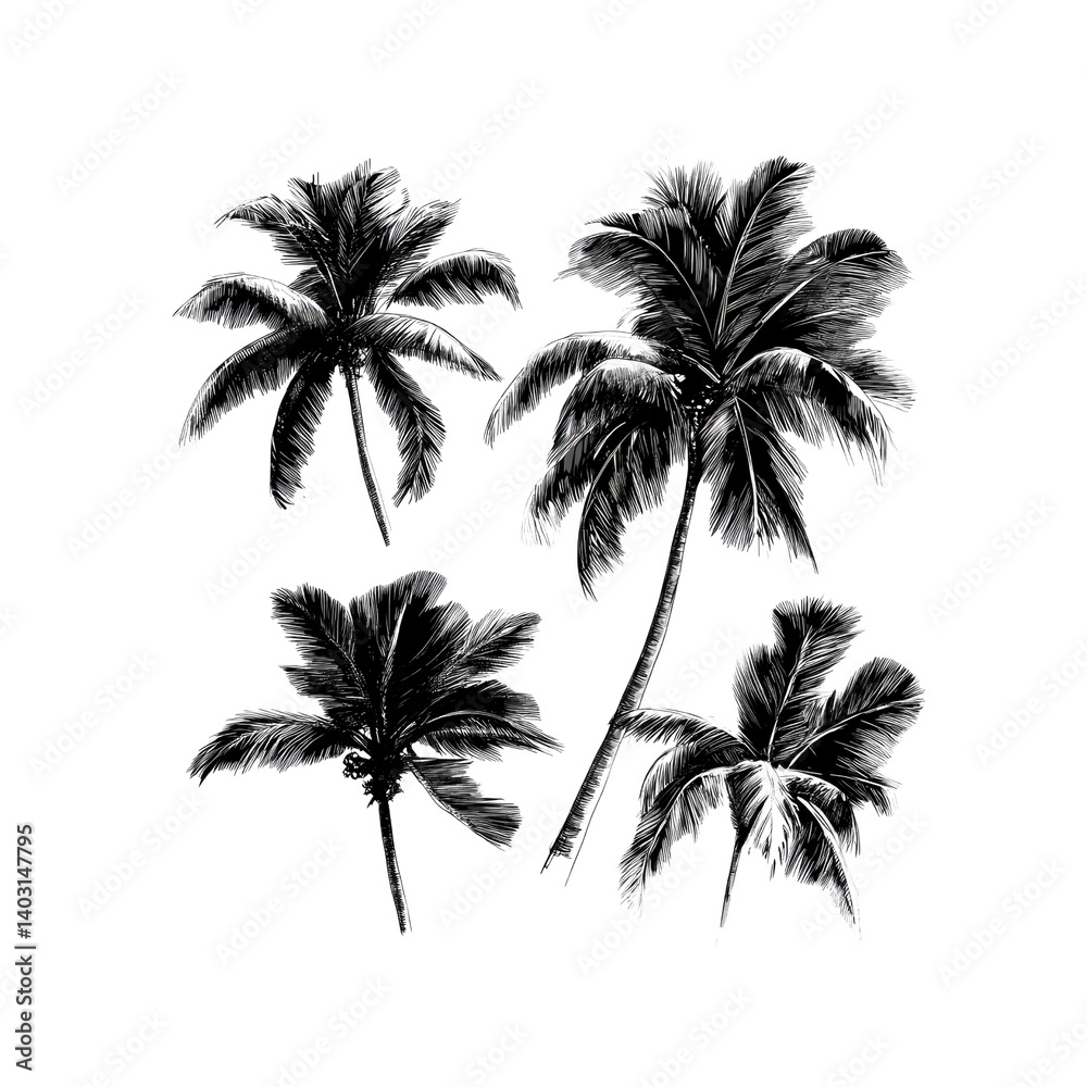 Monochrome Sketch of Tropical Palm Trees Monochrome Sketch of Tropical Palm Trees