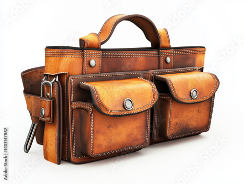 Old brown leather briefcase with handle isolated on white background