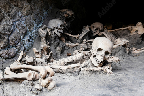 Skeletons of fugitives found in the arches on the beach of the ancient city of Herculaneum destroyed by the eruption of Veduvium in 79 AD. italy