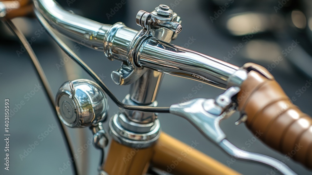 Elegant Chrome Handlebars and Retro Bell on a Classic Bicycle, Close-Up Elegant Chrome Handlebars and Retro Bell on a Classic Bicycle, Close-Up