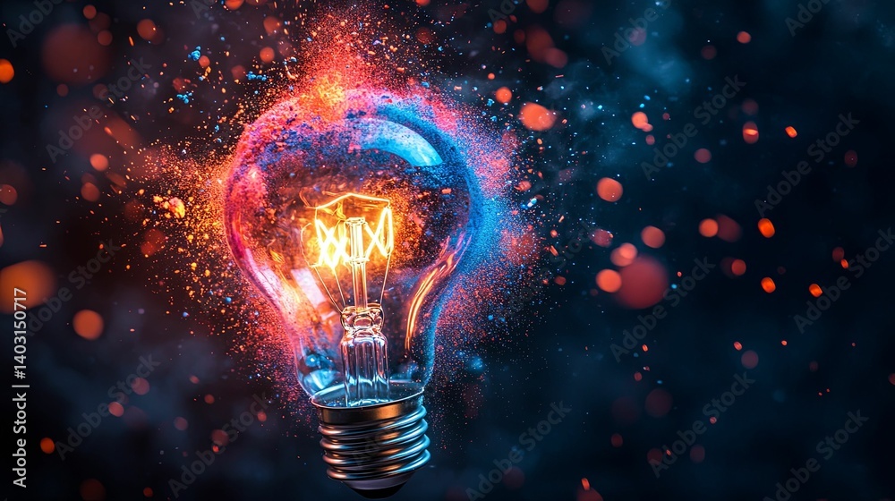 A vibrant lightbulb exploding with creative ideas.