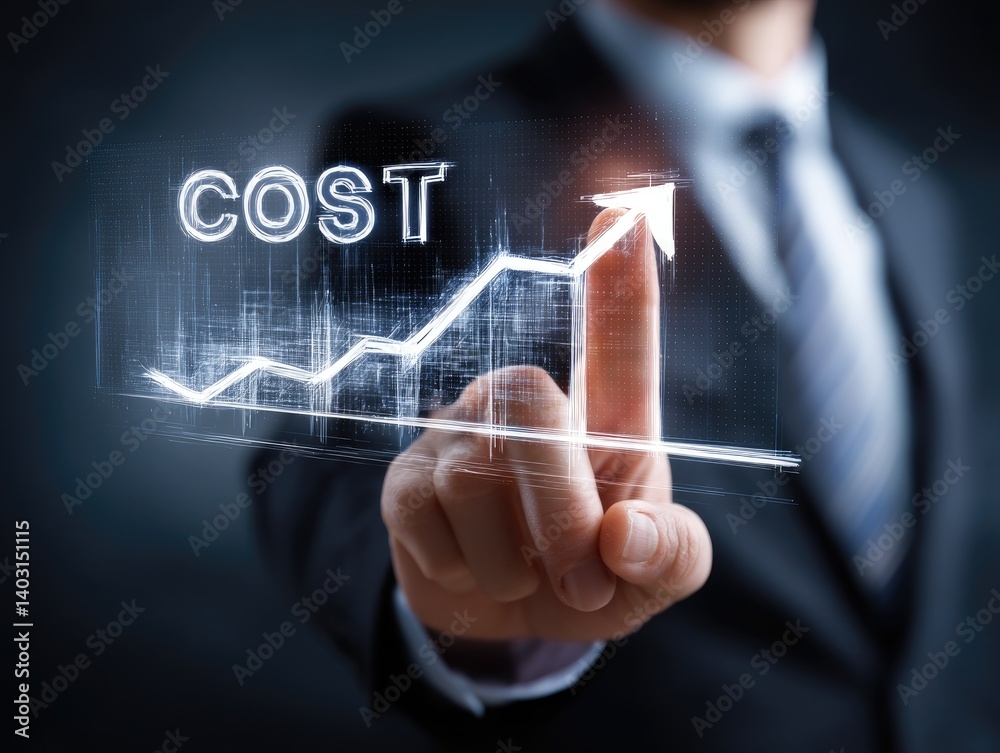 Cost increasing, projected growth. Business person interacting with virtual cost graph Cost increasing, projected growth. Business person interacting with virtual cost graph
