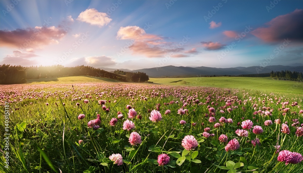 Obraz premium Clover field on a meadow Flower meadow in green and pink Plants from nature
