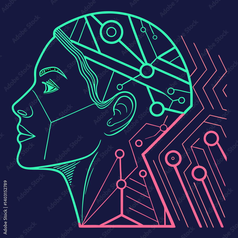 Fototapeta premium A neon-toned, AI-generated human face seamlessly merges with digital circuit lines, embodying the fusion of technology and abstract art.
