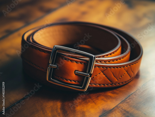 Black leather belt with silver buckle on black background
