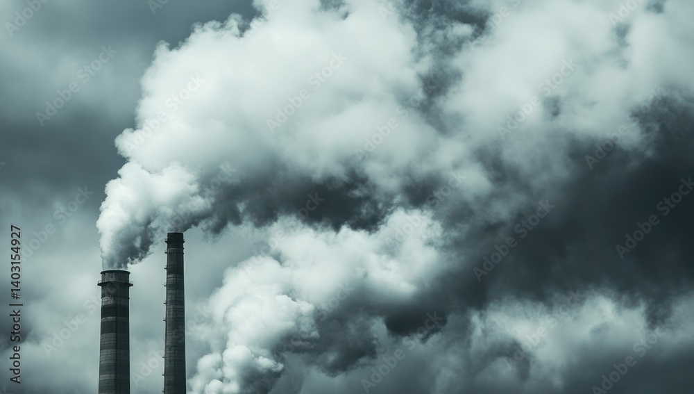Factory chimneys emit smoke into a cloudy sky polluting the environment. Factory chimneys emit smoke into a cloudy sky polluting the environment.