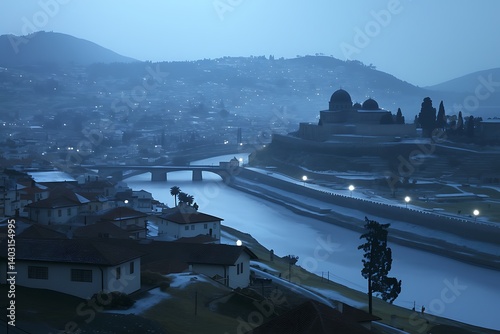 Snowy City River Dawn View