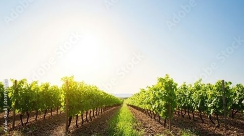A vibrant vineyard scene stretches towards the horizon under a bright sun. Lush grapevines line the rows, illustrating the beauty of nature and agriculture in harmony.
