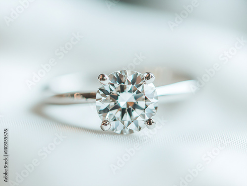 Close up view of a shiny diamond engagement ring on display