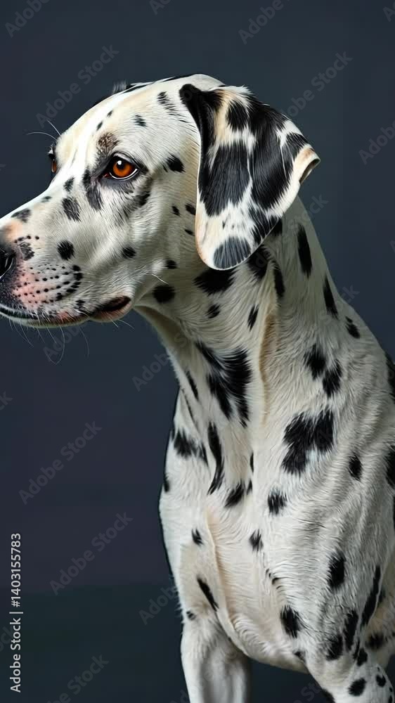 Elegant portrait of a beautiful Dalmatian dog with its iconic black spots against a dark gray background, a canine beauty in profile Elegant portrait of a beautiful Dalmatian dog with its iconic black spots against a dark gray background, a canine beauty in profile