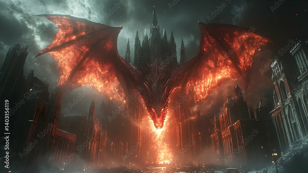 Naklejka premium A colossal, fiery dragon hovers menacingly over a gothic city.
