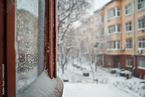 Snowy City Window View