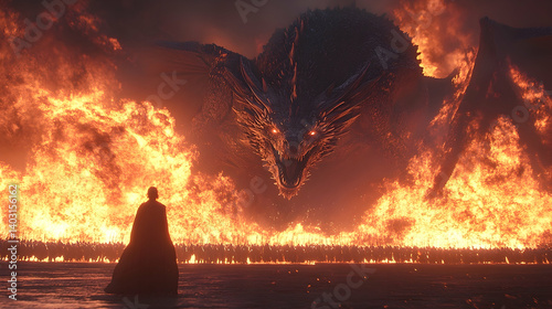 A colossal dragon, fiery destruction, and a lone figure face a massive army.