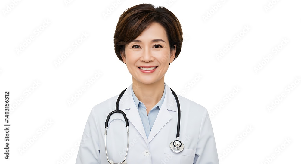 Smiling doctor in white coat and stethoscope around neck, posing front view with clean white background Smiling doctor in white coat and stethoscope around neck, posing front view with clean white background
