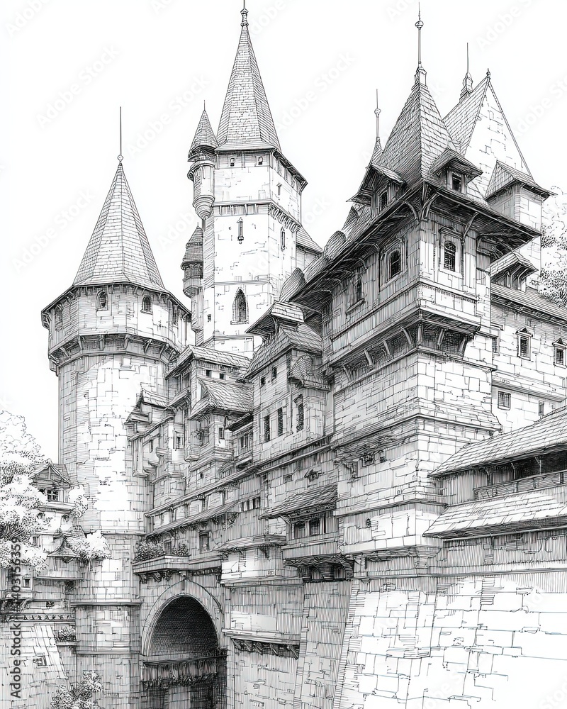 Obraz premium Intricate Hand-Drawn Illustration of a Majestic Fantasy Castle Surrounded by Enchanting Landscape