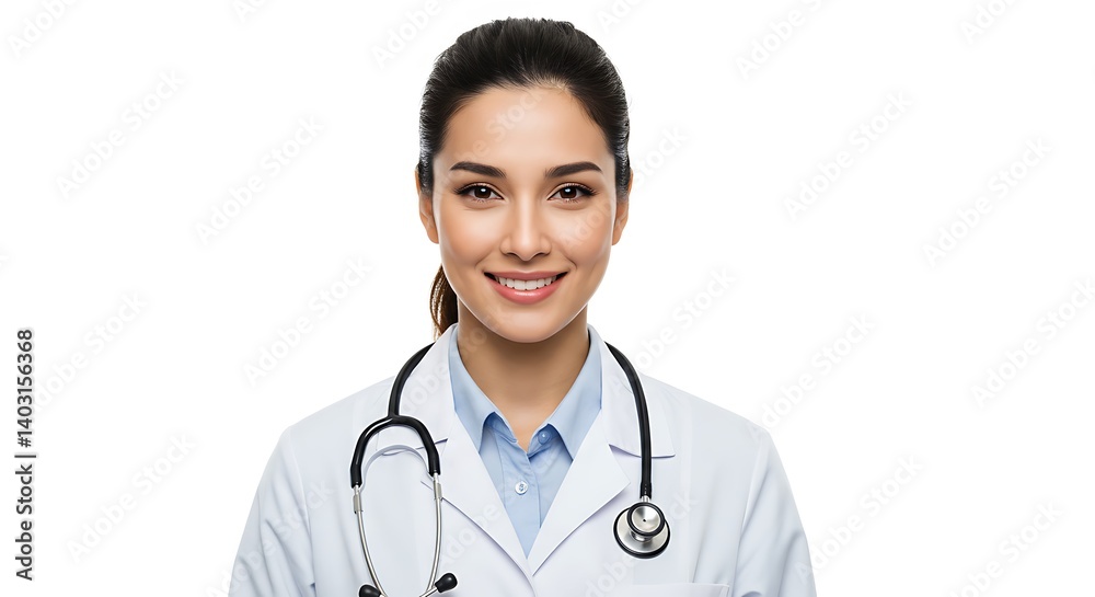 Smiling doctor in white coat and stethoscope around neck, posing front view with clean white background Smiling doctor in white coat and stethoscope around neck, posing front view with clean white background