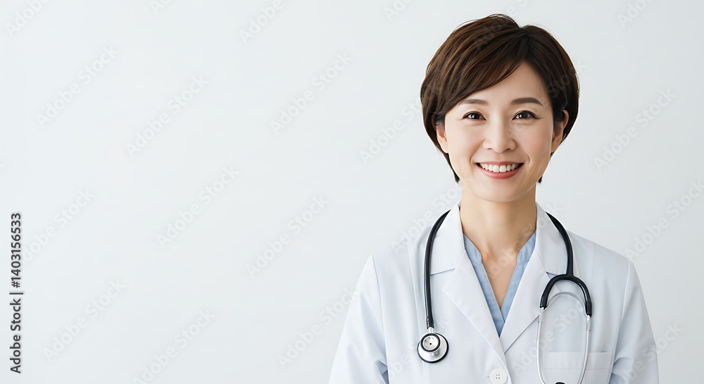 Smiling doctor in white coat and stethoscope around neck, posing front view with clean white background Smiling doctor in white coat and stethoscope around neck, posing front view with clean white background