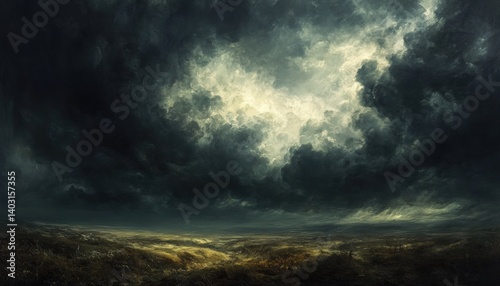 Dramatic sky filled with dark, ominous clouds over a barren landscape. photo