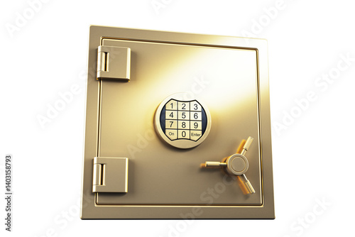 Gold digital safe door with keypad and locking handle in metallic style, isolated on white background. 3D Rendering