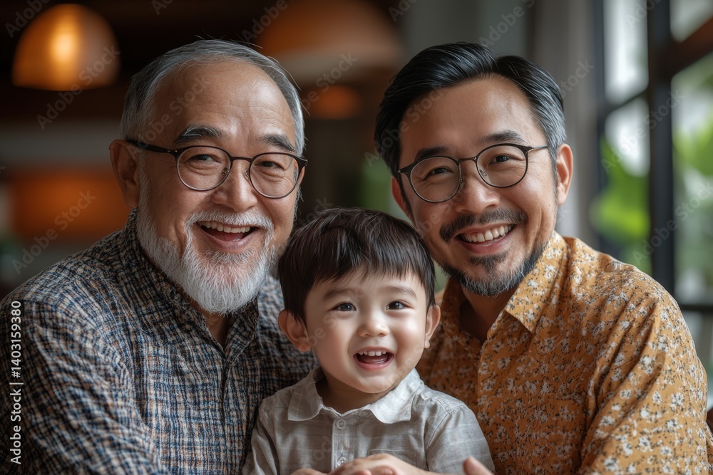 Happy Asian Family of Grandfather, Father and Grandson on Father's Day Celebration Photo.Fictional Character Created By Generative AI Happy Asian Family of Grandfather, Father and Grandson on Father's Day Celebration Photo.Fictional Character Created By Generative AI