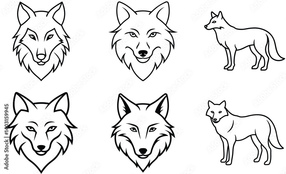 Fototapeta premium Set of wolf head line art vector design.