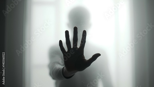 A shadowy figure presses their hand against a foggy glass surface, creating a mysterious and emotive atmosphere.