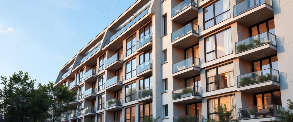 Obraz premium Sleek modern apartment building, angled windows, spacious balconies, building exterior, construction