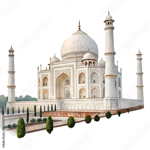 Watercolor Miniature of Taj mahal Agra, India  isolated white background