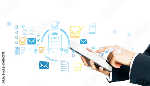 Obraz na płótnie Businessperson interacting with a tablet, surrounded by audit icons and checklists, on a white background, representing digital business compliance w salonie