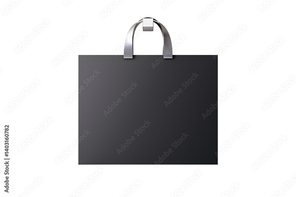 Black shopping bag with metallic handles, clean minimal graphic style, isolated on white background. Concept of branding and retail packaging. 3D Rendering Black shopping bag with metallic handles, clean minimal graphic style, isolated on white background. Concept of branding and retail packaging. 3D Rendering