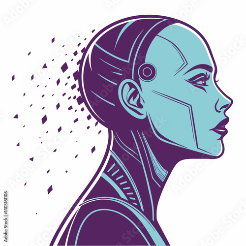 A futuristic AI-generated female face infused with glitch aesthetics and digital dust, embodying a cyberpunk essence