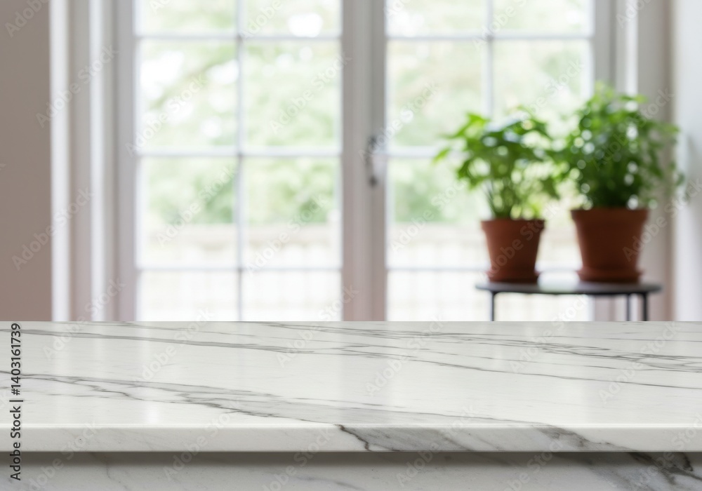 Marble countertop with plants in pots in front of a window in a bright room indoors space Marble countertop with plants in pots in front of a window in a bright room indoors space