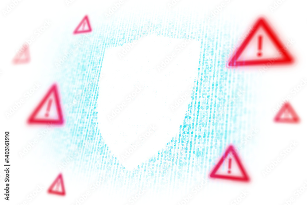 Glowing shield shape with red warning signs over blue binary code, light graphic style, isolated on white background, concept of cybersecurity alert, 3D Rendering