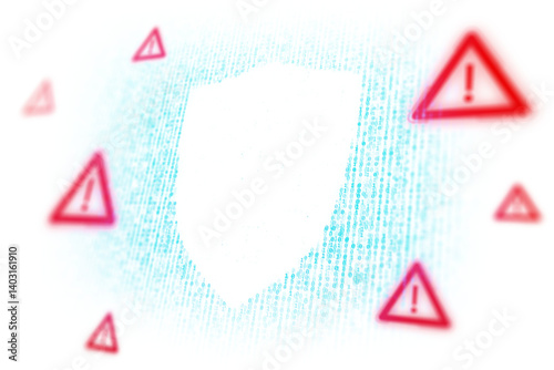 Obraz na płótnie Glowing shield shape with red warning signs over blue binary code, light graphic style, isolated on white background, concept of cybersecurity alert, 3D Rendering w salonie