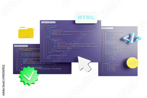 Colorful HTML, CSS, JS coding interface with UI icons, 3D Rendering style, isolated on white background, concept of online learning and programming