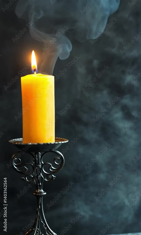 Ornate black candle holder with burning yellow candle.