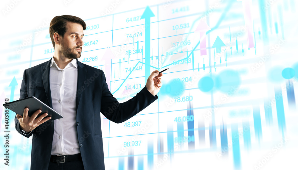 Confident businessman holding tablet and pointing at financial chart, clean graphic style, white background, concept of business strategy Confident businessman holding tablet and pointing at financial chart, clean graphic style, white background, concept of business strategy