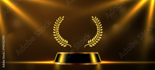 Award round podium with laurel wreath on dark background. Vector golden symbol of victory, achievement, success, rewarding of winner.
