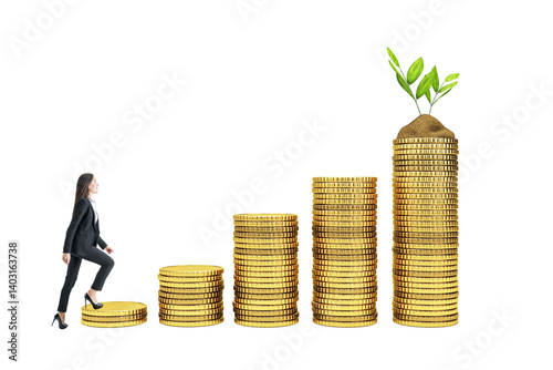 Woman in business attire stepping on rising stacks of gold coins with plant on top, clean white background, concept of capital growth and success