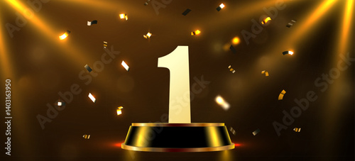 Winner award. Golden Number one on podium with falling confetti.