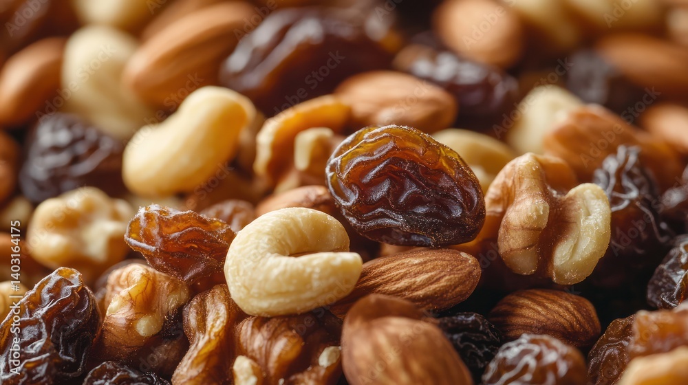 Close-up Raisins, Almonds, Cashews, Walnuts Mix, Healthy Snack Close-up Raisins, Almonds, Cashews, Walnuts Mix, Healthy Snack