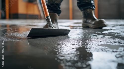 Concrete finisher smoothing surface of freshly poured floor. Featuring precision and expertise