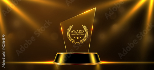 Award round podium with glass trophy with laurel wreath on dark background. Symbol of victory, achievement, success, rewarding of winner.