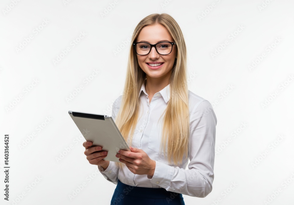 A blonde woman in glasses holding a tablet and smiling against a white background in a studio shot A blonde woman in glasses holding a tablet and smiling against a white background in a studio shot